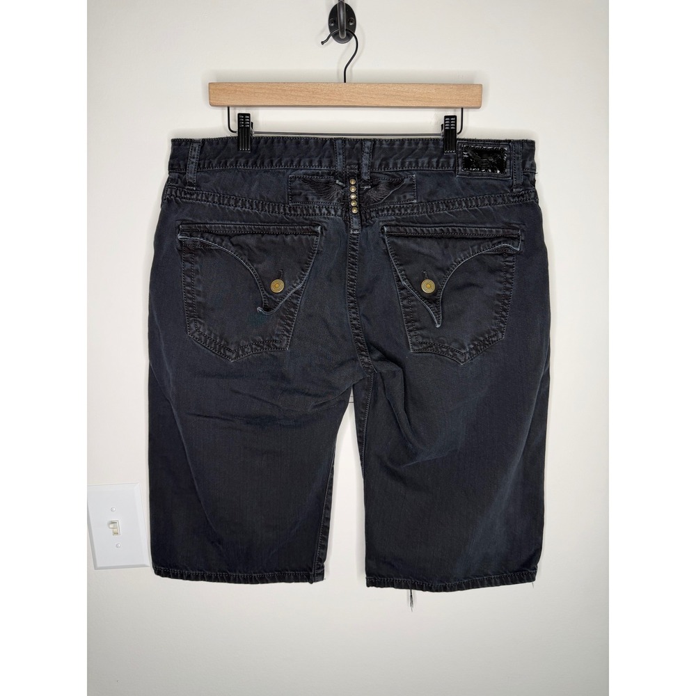 Robins Jean Mens Distressed Denim Shorts Black Wing Logo Y2K Studded Size 40